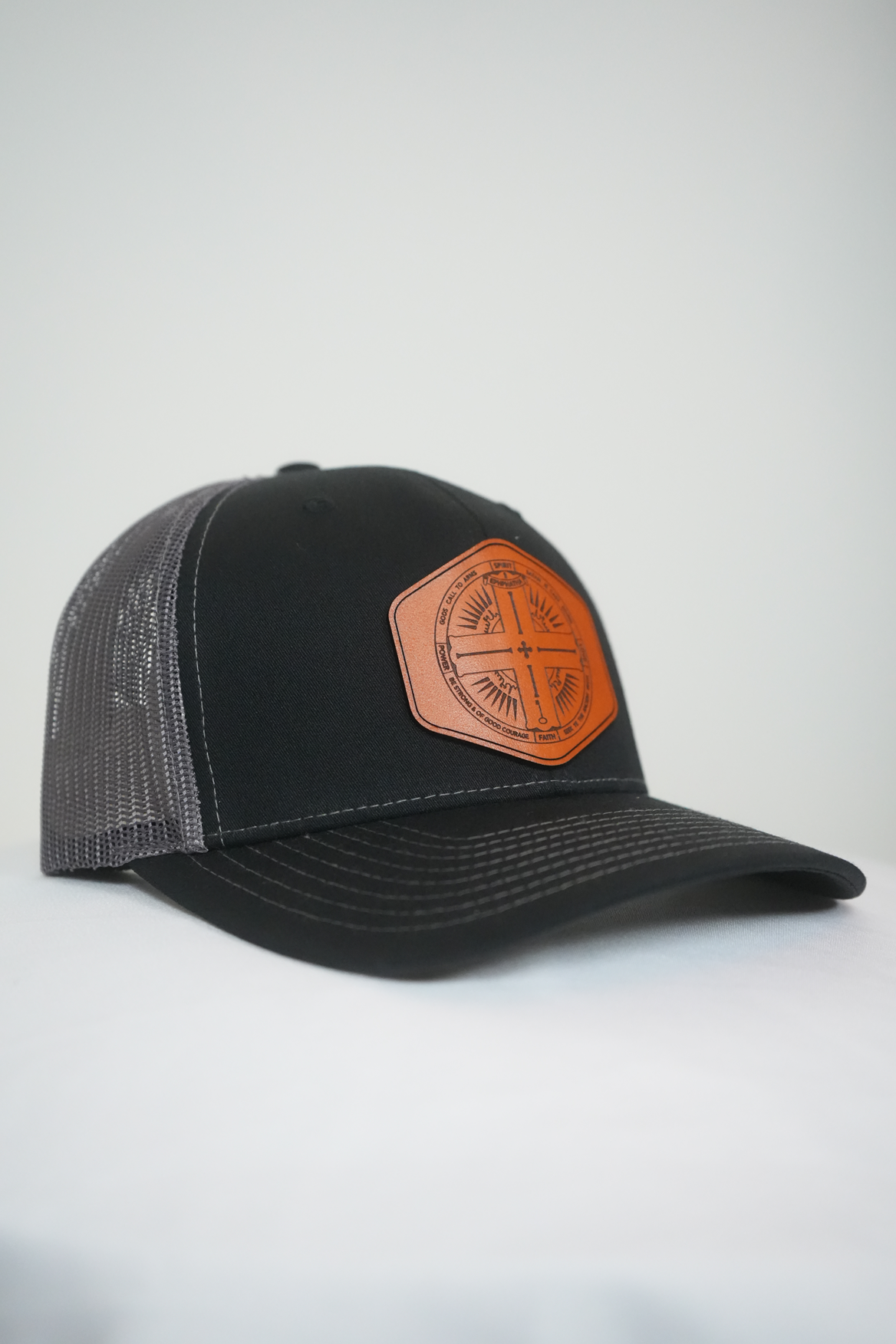 Black/Charcoal Leather Patch Trucker Hat | JPT