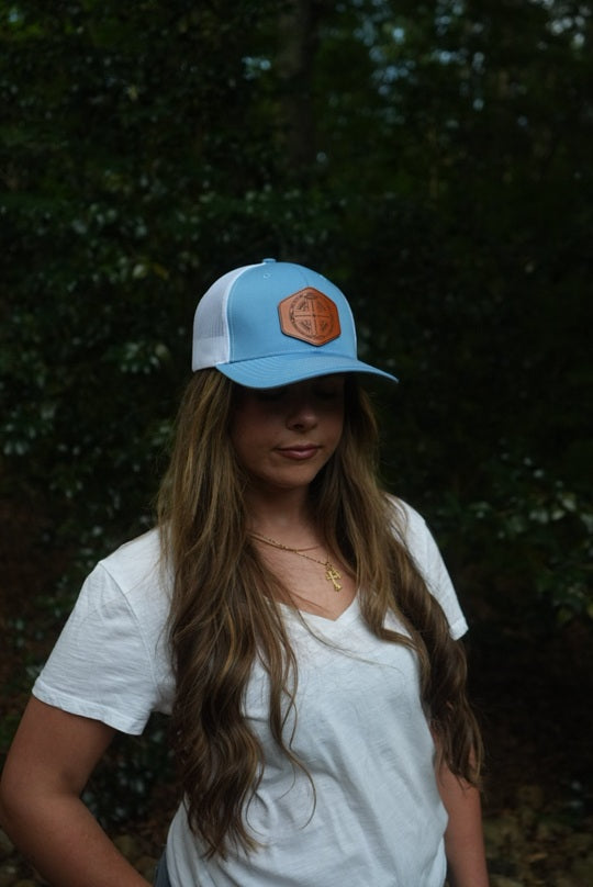 Signature Leather Patch Trucker - Columbia Blue/White-John Phillips Triangle